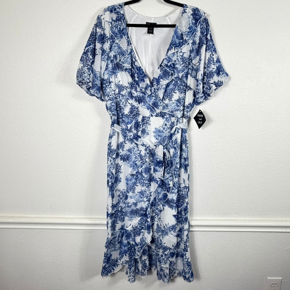Kate and Lily Women Plus Size 14 Blue Toile Chiffon Ruffle Dress NWT Cottagecore